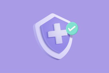 Beyaz arkaplanda 3 boyutlu mor artı işaret simgesi var. İlk yardım ve asgari sağlık hizmetlerinin çizgi film ikonu. Acil yardımın tıbbi sembolü. 3d yardım vektör çizimi çizimi