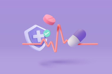 3d pharmacy drug for health pharmaceutical on purple background. Cartoon minimal of first aid and health care. Medical symbol of emergency help. 3d aid medicine icon vector render illustration