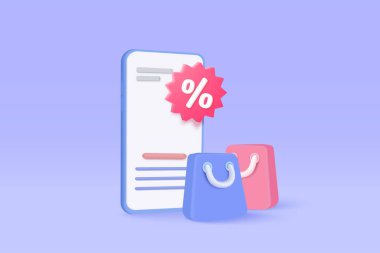 Çevrimiçi alışveriş konsepti için fiyat etiketli 3D cep telefonu. Terfi etiketli sepet. Gelecek için indirim kuponu. Özel teklif promosyonu. 3d fiyat etiketleri simge vektör çizim illüstrasyonu