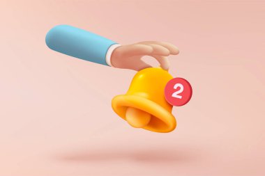 3D minimal notification bell icon with business holding hand on pastel background. new alert concept for social media element. 3d bell alarm icon for message vector render illustration