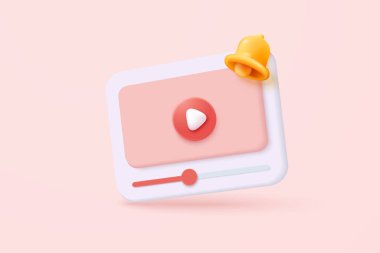 3d social media with live streaming and emotion on frame in pink background. Social media online play video with bell alert notification concept. 3d live entertainment icon vector render illustration