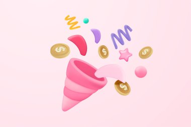 3d party poppers with flying confetti and money coin. Firecracker explodes with ribbon explode for surprise, winner, birthday party with cone popper. 3d confetti bang icon vector render illustration