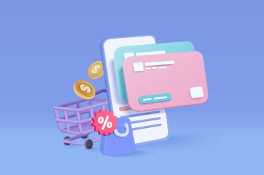 Cep telefonuyla 3D alışveriş, ürün nakliyesi, alışveriş çantası. Çevrimiçi ödeme kavramı için şifreli kredi kartı koruması. Cep telefonu simgesi 3d vektör çizimi