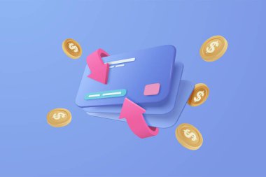 3D nakit kredi kartı ve para iadesi. Cüzdanı online olan bir iş bankası, online alışveriş için para ödemesi ve para biriktirme. 3d finansal kredi kartı simgesi çizimi