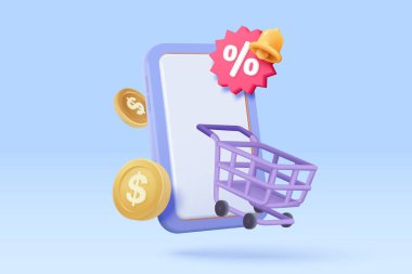 3d mobile phone with price tags notify for online shopping concept. Basket with promotion tag discount coupon of money for future, special offer promotion. 3d reminder icon vector render illustration clipart