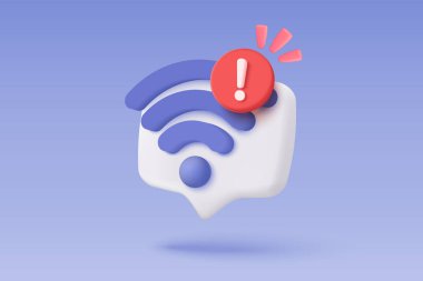 3D kablosuz bağlantı ve internetteki paylaşım ağı uyarı ile. Yanlış, sorun ve bağlantı kurulamayan noktalar için sıcak nokta erişim noktası. Wi-Fi ile yayın alanı. 3d sinyal vektör canlandırma çizimi