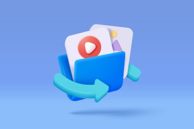 3d file transfer of document in folder, file transfer encrypted form, connection docs information migration concept. Access to remote file and folder. 3d document exchange vector render Illustration