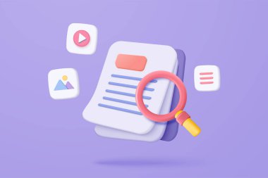 3d media file management concept. Searching image and video files in database. Document management soft, document flow app, compound docs concept. 3d magnifying icon vector rendering illustration