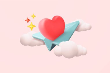 3D romantik sevgililer günü kompozisyonu. Sevgililer Günü dekoratif nesneler, kalp şekli aşka, kalbe ve aşk simgesine odaklanmış aşk ikonu. 3d romantik ikon vektör çizimi illüstrasyonu