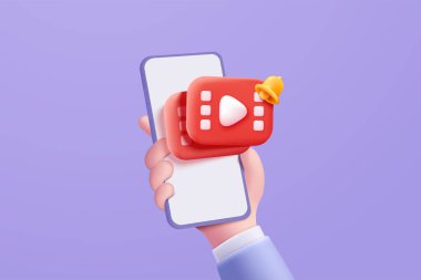 Mobil el ele tutuşmada video ve fotoğraf galerisi olan 3D vektör minimal sosyal medya, afiş için arayüz optimizasyonu ve mobil tasarım konsepti için web sitesi. Cihaz akıllı telefonlu 3d görüntü