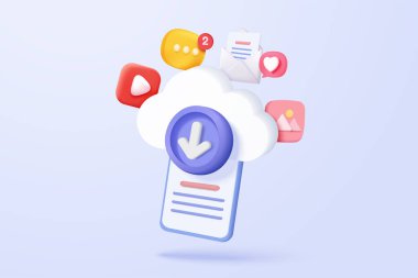 Dijital dosya paylaşımı ve veri aktarım sistemi için cep telefonu konseptiyle bulut hesaplamasına 3d veri indir. Akıllı telefona multimedya indir. 3d bulut depolama ikonu vektör çizimi çizimi