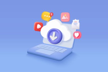 Dijital dosya paylaşımı ve veri aktarım sistemi için dizüstü bilgisayarla bulut hesaplamasına 3d veri indir. Multimedya 'yı not defterine indir. 3d bulut depolama ikonu vektör çizimi çizimi