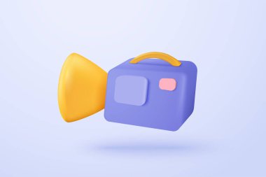 3 boyutlu kamera simgesi mercek ve pastel arka planda düğme ile izole edildi. Gerçekçi film ikonu, multimedya konsepti için oynat düğmesi. 3d sinema kaydı ikon vektör çizimi illüstrasyonu