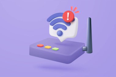 3D kablosuz bağlantı ve internetteki paylaşım ağı uyarı ile. Yanlış, sorun ve bağlantı kurulamayan noktalar için sıcak nokta erişim noktası. Wi-Fi ile yayın alanı. 3d sinyal vektör canlandırma çizimi
