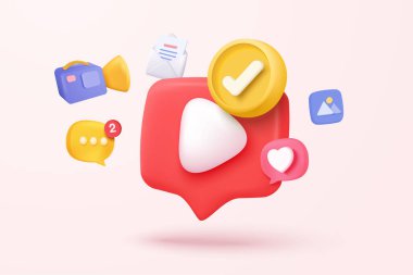 3 boyutlu kamera simgesi mercek ve pastel arka planda düğme ile izole edildi. Gerçekçi film ikonu, multimedya konsepti için oynat düğmesi. 3d sinema kaydı ikon vektör çizimi illüstrasyonu