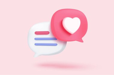 3D sosyal medya çevrimiçi platform konsepti, uygulamalar üzerinde çevrimiçi sosyal iletişim, kalp ve aşk emojisi ikonlu fotoğraf çerçevesi, kırmızı kabarcık 3d simgeleriyle oynamak ve oynamak. 3d vektör oluşturma kavramı