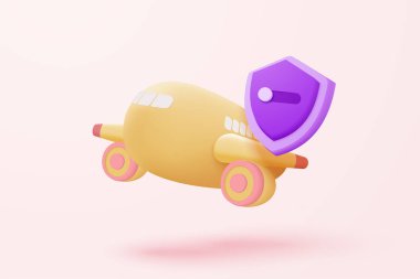 Sigorta poliçesiyle birlikte üç boyutlu uçuş uçağı turizmi. Yaz tatilinde kalkan koruma ikonu ile dünya turu planlama turu. 3d simge vektör düzlemi çizimi çizimi