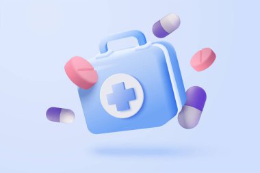 3D ilk yardım kutusu ve artı ikon. Aşı ekipmanları, acil durum çantası, hastane ya da ambulans çantası. Tıbbi eczane. 3D tıp tedavisi ikon vektör çizimi çizimi