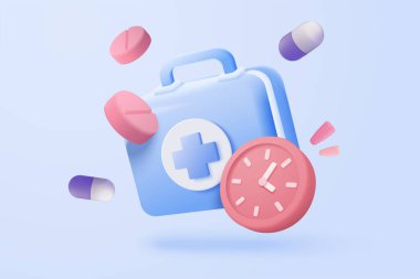 Tıbbi ilaç şişesi ve eczane ikonu olan 3 boyutlu çalar saat. Aşı tıbbi ekipmanları, sağlık ilaçları. Tıbbi eczane. 3D tıp tedavisi ikon vektör çizimi çizimi