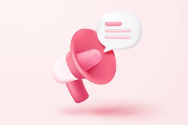 3D megafon hoparlörü ya da hoparlör hoparlörü. Arka planda tanıtım için hoparlör, mikrofonlu megafon, 3D hoparlörlü megafon, uyarı ve duyuru için resim çizimi. 