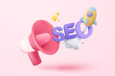 Sosyal medya konsepti için roketle 3D SEO optimizasyonu. Mor arka planda web analiz stratejisi ve araştırma planlama arayüzü. 3d seo strateji vektör çizimi çizimi