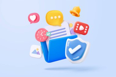 3D media data with video and photo gallery library. Searching image and video files in database. Document management soft, document form, compound docs concept. 3d file icon vector render illustration