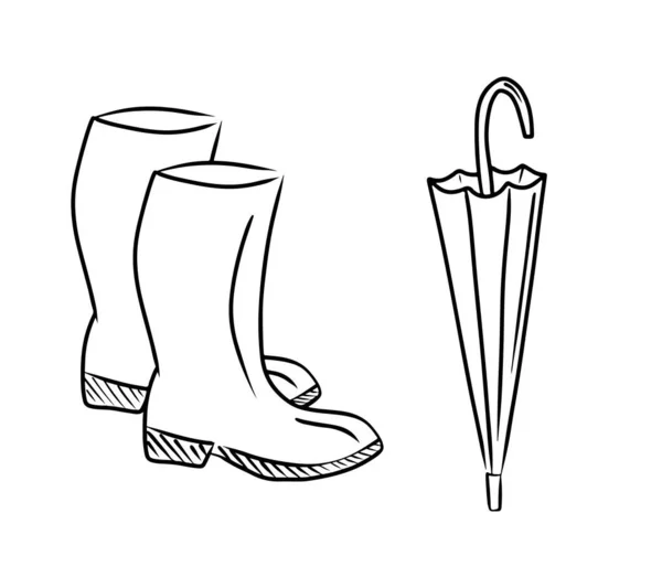 橡胶靴和伞向量手绘黑色插图孤立在白色背景 秋雨季节服装素描古董画 — 图库矢量图片