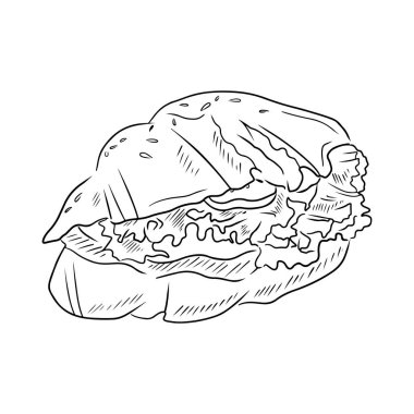 Pastırmalı, tavuklu, salatalı, siyaha boyanmış, beyaz arka planda susamlı kruvasan. El çizimi vektör çizimi çizimi, karalama, klasik taslak şeklinde. Öğle yemeği, akşam yemeği.