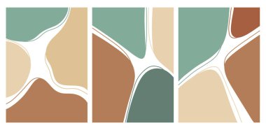 3 resimli basılabilir duvar sanatı seti. Soyut minimalizm İskandinav tasarımı. Naneli, kahverengi, bej, yeşil, terracotta renkleri. Büyük nokta, leke, çizgiler. Modern iç mekan, yatak odası baskısı