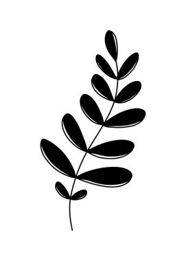 Yuvarlak yapraklı bir dal silueti ve beyaz arka planda siyah saplı. Karalama çizgisi modern moda tarzında el çizimi vektör çizimi. Çiçek tasarımı, botanik, baskı, dekoratif