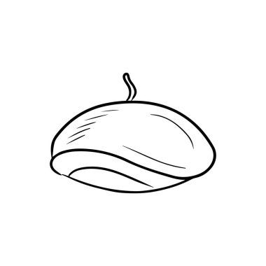 Beyaz arka planda izole edilmiş siyah şapka beresi çizimi. El çizimi vektör çizimi basit, karalama vintage oyma stiliyle. Fransız moda tarzı, sonbahar modası, şapka tasarımı.