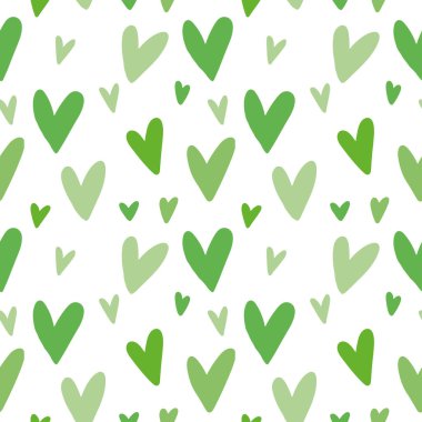 Beyaz arka planda yeşil kalpleri olan kusursuz bir desen. Basit karikatür karikatür düz aşk konsepti doku, ambalaj kağıdı, duvar kağıdı. Doğa dostu kavramı, gezegeni, ekolojiyi, sağlığı kurtarmak.