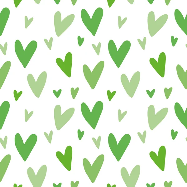 无缝隙图案 绿色心形 白色背景 简单涂鸦卡通平面爱情概念的纹理 包装纸 爱护自然 拯救地球 健康的概念 — 图库矢量图片