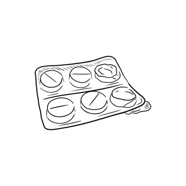 Gerçekçi altı hap, beyaz arka planda siyah renkli iki boş yuvası olan uyuşturucuyla su topladı. El çizimi vektör çizimi çizimi basit ana hatlı oyma stili. Ağrı kesici.,