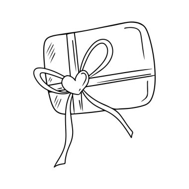 Doğumgünü hediyesi, kurdele, kurdele, siyah kalp, beyaz arka planda izole. El çizimi vektör çizimi basit, karalama vintage oyma stiliyle. Aşk, romantik, Sevgililer Günü