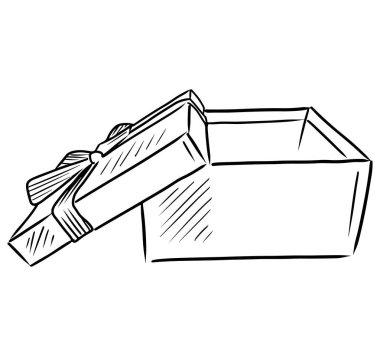 Kurdeleli gerçekçi bir hediye kutusu açtım ve beyaz arka planda siyah bir fiyonk taktım. El çizimi vektör çizimi basit çizim klasik taslak çizim sanat tarzında. Sürpriz, doğum günü.