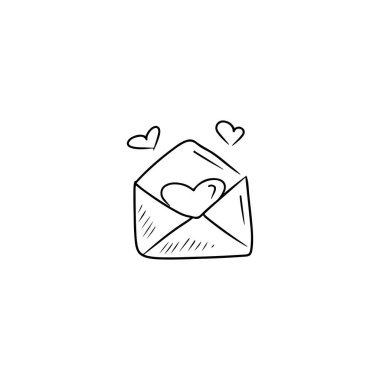 Açık zarf, beyaz arka planda siyah harflerle yazılmış aşk mektubu. El çizimi vektör çizimi basit karalama vintage oyma biçimi