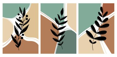 Pastel renkler, çizgiler ve yapraklar ve böğürtlenlerle siyah siluet dalları olan modaya uygun duvar posteri. Yeşil, terracotta, bej, nane rengi. Modern sanat çiçekli tasarım, iç mekan, yatak odası.