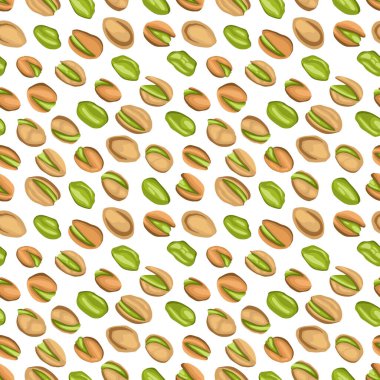 Beyaz arka planda renkli düz gerçekçi fıstıklı kusursuz desen. Tuzlu, lezzetli organik yiyecek kabukları, soyulmuş. Yemek paketi, duvar kağıtları, yalan makinesi, geleneksel tekstil atıştırmalıkları.