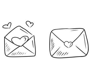 Kalpli, açık ve kapalı zarflar. Güzel mektup, kalpler uçuşuyor. El çizimi vektör çizimi çizimi, karalama, klasik taslak şeklinde. Aşk, çift, ilişkiler, romantizm