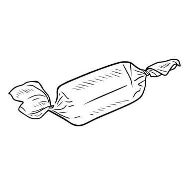 Kare gerçekçi çikolata şekeri beyaz arka planda izole edilmiş siyah pakette. El çizimi vektör çizimi çizimi, karalama yapılmış klasik taslak. Hediye, lezzet, lezzet, fırın, tasarım