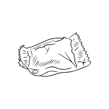 Beyaz arka planda izole edilmiş siyah ambalaj kağıdındaki gerçekçi çikolata şekeri. El çizimi vektör çizimi çizimi, karalama yapılmış klasik taslak. Hediye, lezzet, lezzet, fırın, tasarım