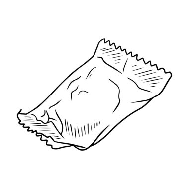 Beyaz arka planda izole edilmiş siyah ambalaj kağıdındaki gerçekçi çikolata şekeri. El çizimi vektör çizimi çizimi, karalama yapılmış klasik taslak. Hediye, lezzet, lezzet, fırın, tasarım