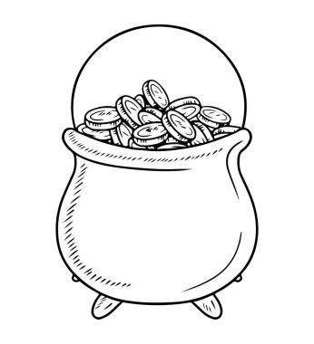 Realistic cast iron cauldron full of coins money pot with leprechaun savings in black isolated on white background. Hand drawn vector sketch illustration in doodle engraved vintage outline style