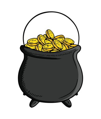 Black cast iron cauldron full of golden coins money pot with leprechaun savings isolated on white background. Saint PAtrick's day, wreath, money, lucky, fortune, happy, hand drawn illustration