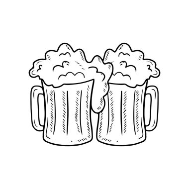 Two mugs with beer with foam cheers in black isolated on white background. Hand drawn vector sketch illustration in simple doodle vintage engraved style. Glass with beverage, bar, pub