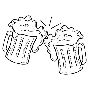 Two clink glasses with beer with foam cheers in black isolated on white background. Hand drawn vector sketch illustration in simple doodle vintage engraved style. Mug with beverage, bar