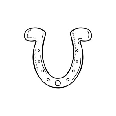 Decorative golden horseshoe for luck in black isolated on white background. Hand drawn vector sketch illustration in doodle engraved vintage outline style. St. Patrick's day, wealth, lucky, symbol