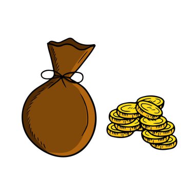 Brown tissue bag with string and bow with golden money coin isolated on white background. Hand drawn vector sketch illustration in engraved vintage outline style. Wealth, package, gift, jewellery