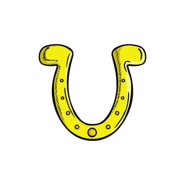 Decorative golden horseshoe for luck isolated on white background. Hand drawn vector sketch illustration in doodle engraved vintage outline style. St. Patrick's day, wealth, lucky, symbol, fortune